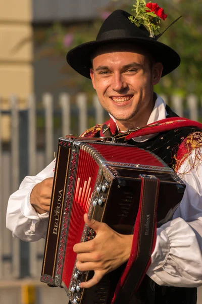 Villach Αυστρία Αυγούστου 2018 Παραδοσιακός Μουσικός Παίζει Για Πάρτι Κατά — Φωτογραφία Αρχείου