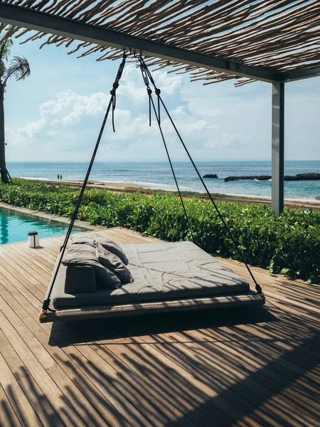 Hanging Sun Lounger Wooden Deck Swimming Pool Ocean Views — Stock Photo, Image