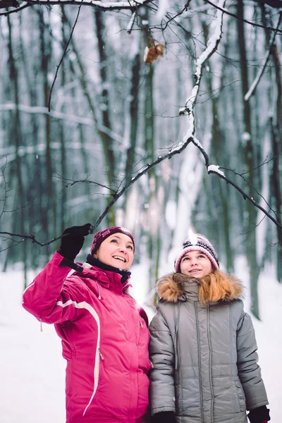 Мать и дочь во время прогулки в лесу зимой — стоковое фото