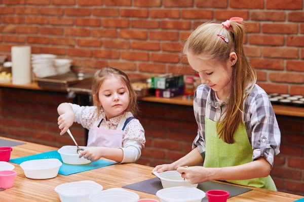 Little Girls Stirring Yolk Sugar Kids Taking Part Baking Workshop Stock Picture