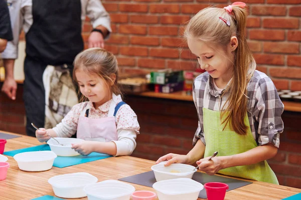 Little Girls Stirring Yolk Sugar Kids Taking Part Baking Workshop Stock Picture