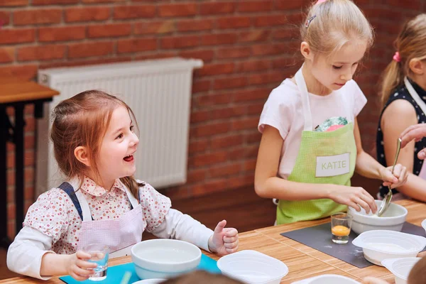 Little Girls Combining Ingredients Baking Cake Kids Taking Part Baking Stock Photo