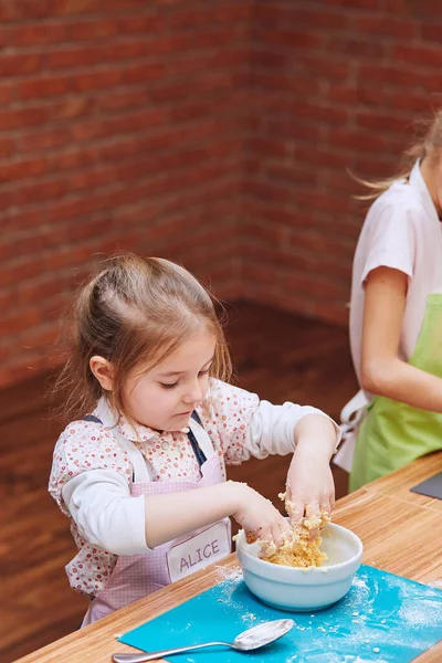 Little Girls Kneading Dough Baking Cake Kids Taking Part Baking Stock Picture