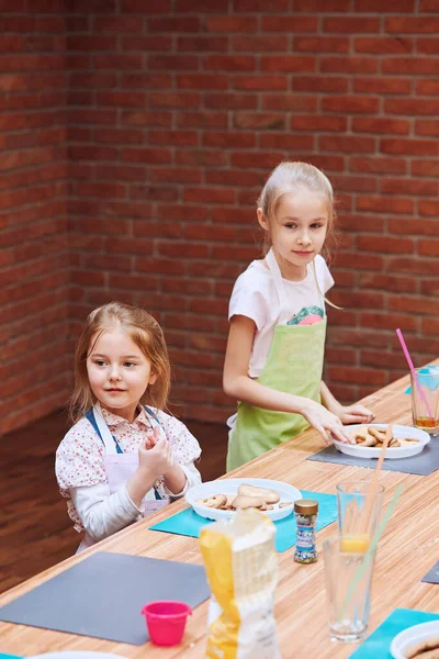 Girls Preparing Decorating Baked Cookies Kids Taking Part Baking Workshop Royalty Free Stock Photos