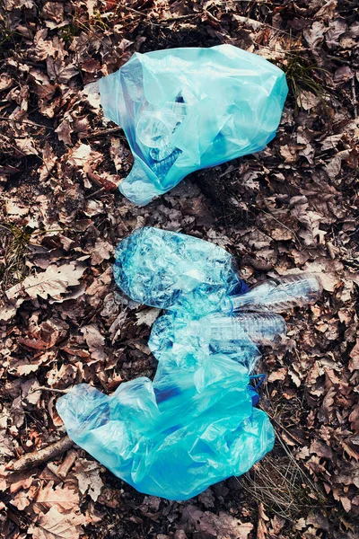 Plastic waste left in forest. Concept of plastic pollution and irresponsibility for environment. Environmental issue. Environmental damage. Real people, authentic situations
