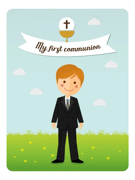 Child costume in her first communion dress vertical dinvitation with message — Stock Vector