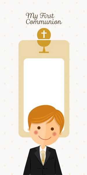 Costume d'enfant dans sa première robe de communion invitation verticale avec message — Image vectorielle