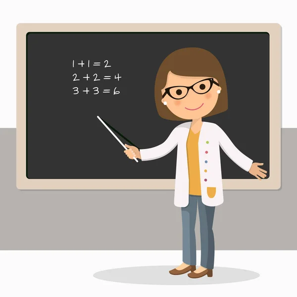 Young female teacher on math lesson at blackboard in classroom — Stock Vector