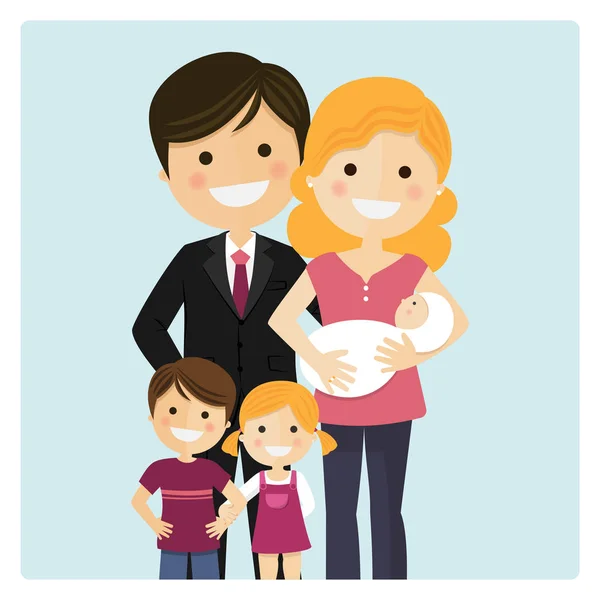 Rodzina z dwójką dzieci i noworodków na niebieskim tle — Wektor stockowy
