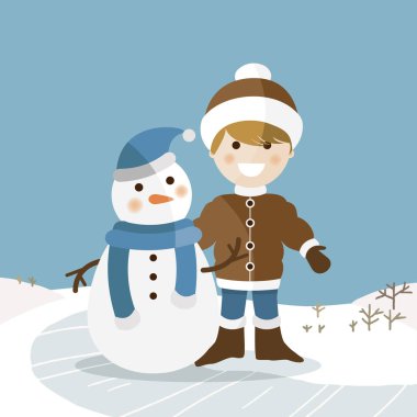 Güneşli kış günü onun kardan adam ile mutlu çocuk