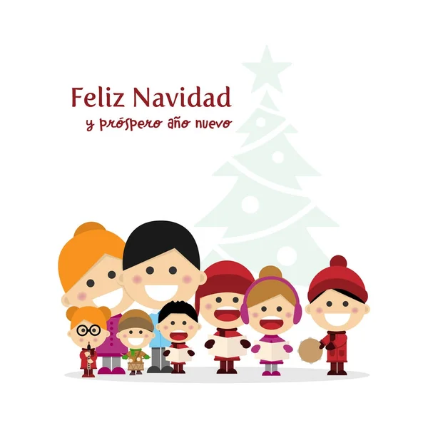 Söta familjen sjunga julsånger på julnatten med träd bakgrund. Spanska titel — Stock vektor