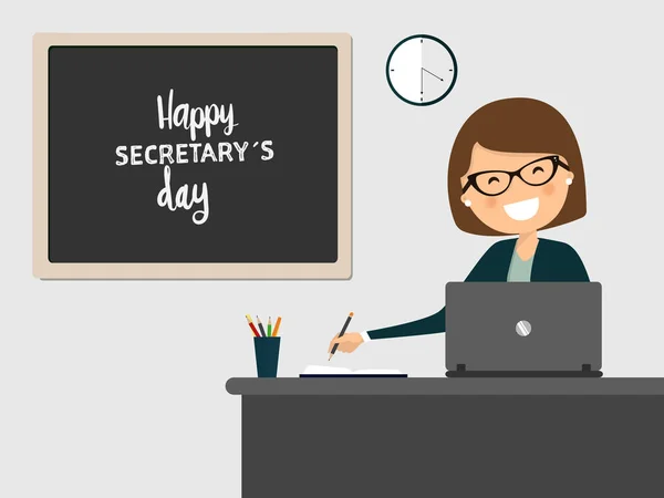 Secretaria Sonriendo Lugar Trabajo Sobre Fondo Gris Ilustración Vectorial — Vector de stock