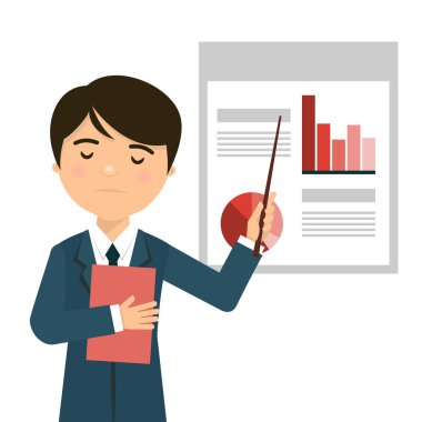 Negatif istatistikleri ile bir iş sunumu için endişe işadamı. Vektör çizim