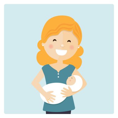 Mutlu anne onu bebek ve mavi arka plan bakımı. Vektör çizim