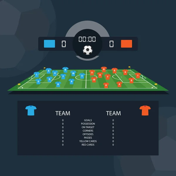 Futbol Maç puan tahtası ve istatistik iki örnek takım arasında planlayın. Düz tasarım. Vektör çizim