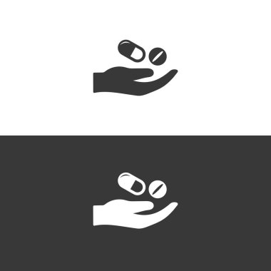 El ve haplar. Düz renk. Tecrit edilmiş eczane ve ilaç vektör çizimi