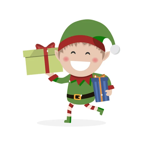 Goblin Natale Piccolo Elfo Con Dei Regali Illustrazione Vettoriale Piatto — Vettoriale Stock