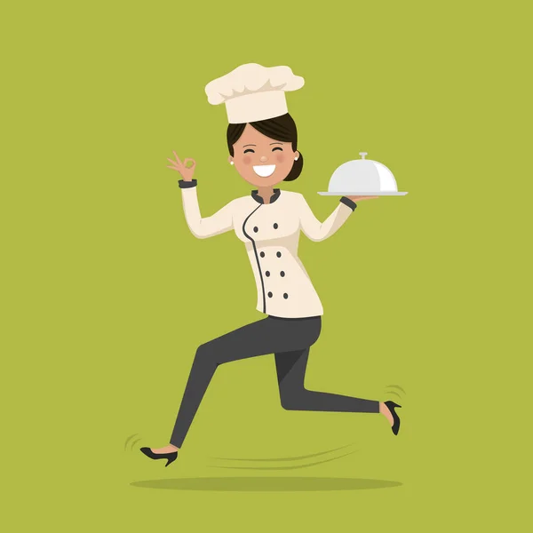 Γυναίκα Μαγειρεύουν Τρέχει Πιατέλα Επίπεδη Διανυσματική Απεικόνιση — Διανυσματικό Αρχείο