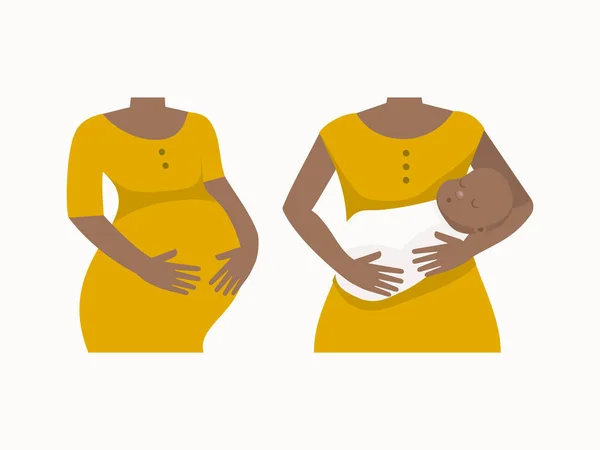 Embarazo Maternidad Conjunto Mujeres Afroamericanas Antes Después Con Bebé Ilustración — Archivo Imágenes Vectoriales