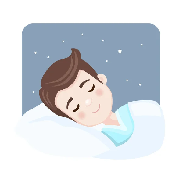 Foreground Cute Boy Asleep Bed Night Sweet Dreams Vector Illustration — Stock Vector