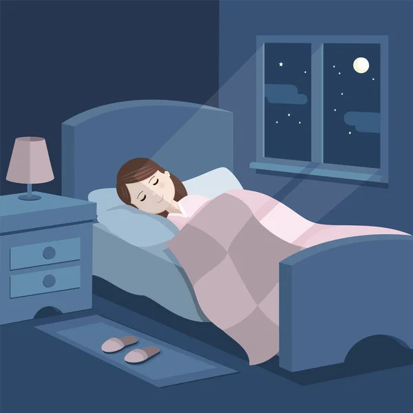 Cute Girl Sleeping Bed Bedroom Window Night Sweet Dreams Vector — 스톡 벡터