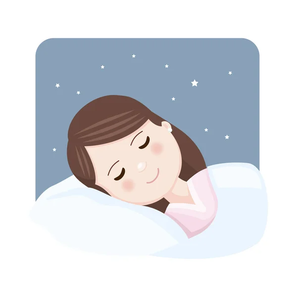 Foreground Cute Girl Asleep Bed Night Sweet Dreams Vector Illustration — Stock Vector