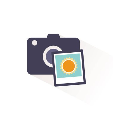 Yaz güneşi fotoğraflı kamera. Gölgeli renkli simge. Düz vektör illüstrasyonu