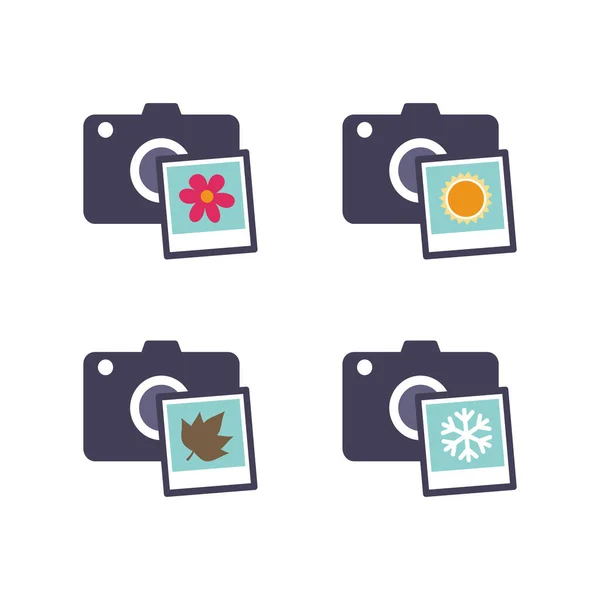 Kameras Mit Unterschiedlichen Saisonfotos Flache Farbsymbolgruppe — Stockvektor