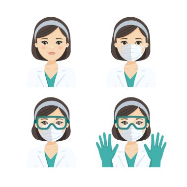 Enfeksiyon hastalıklarına karşı solunum maskesi, gözlük ve eldiven takan genç bir bayan doktor. Düz vektör illüstrasyonu