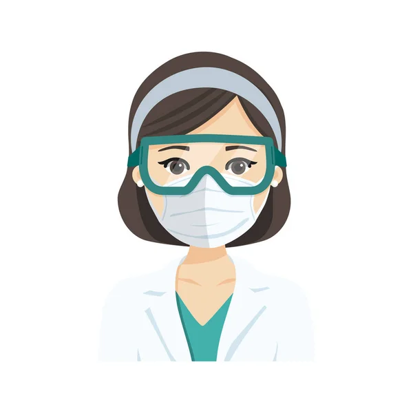 Junge Ärztin Mit Atemschutzmaske Und Brille Gegen Infektionskrankheiten Flache Vektorabbildung — Stockvektor