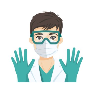 Enfeksiyon hastalıklarına karşı solunum maskesi, gözlük ve eldiven takan genç bir erkek doktor. Düz vektör illüstrasyonu