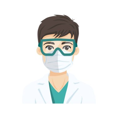 Enfeksiyon hastalıklarına karşı solunum maskesi ve gözlük takan genç bir erkek doktor. Düz vektör illüstrasyonu