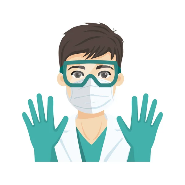 Enfeksiyon hastalıklarına karşı solunum maskesi, gözlük ve eldiven takan genç bir erkek doktor. Düz vektör illüstrasyonu