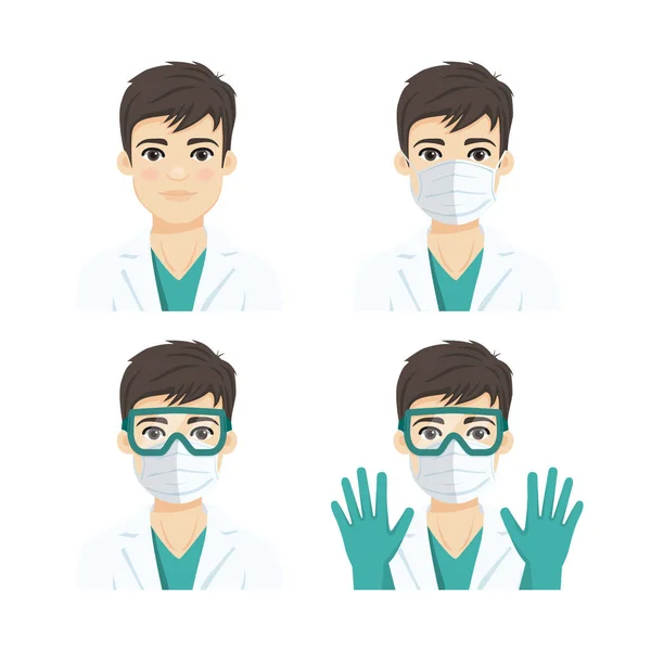 Νεαρός Άνδρας Ιατρός Μάσκα Αναπνευστικής Προστασίας N95 Γυαλιά Και Γάντια — Διανυσματικό Αρχείο