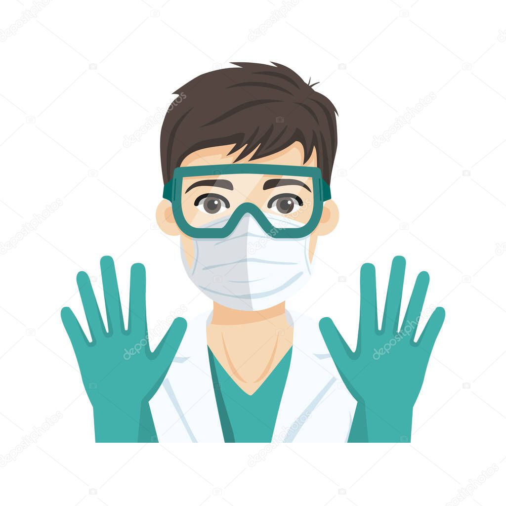 Young male doctor wearing the n95 respiratory protection mask, glasses and gloves, against infectives diseases. Flat vector illustration