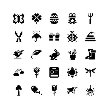 Bahar ve bahçıvanlık. Simge ayarlandı. Piksel vektör illüstrasyonu