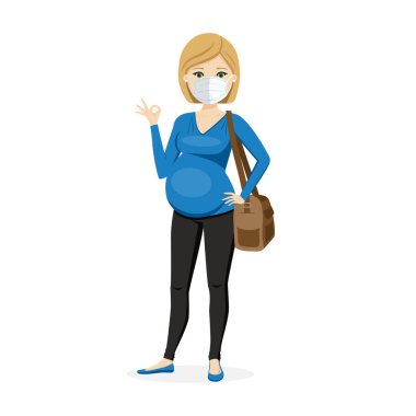 Maskeli hamile kadın. İnsanlar hastalığa karşı korunuyor. Vektör illüstrasyonu