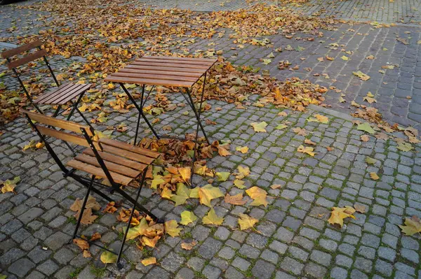Table Chairs Made Wood Relaxing Street Autumn City Relax — Stock Photo, Image