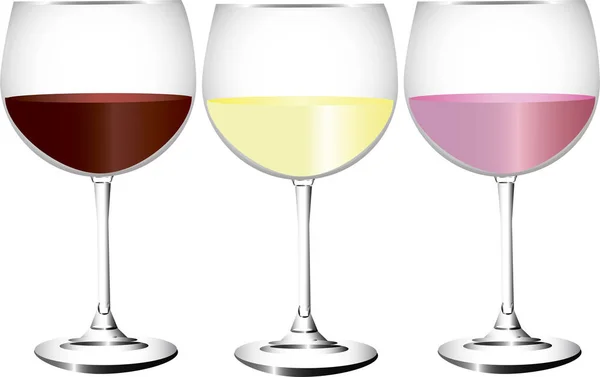 Tres copas de diferentes tipos de vino — Vector de stock