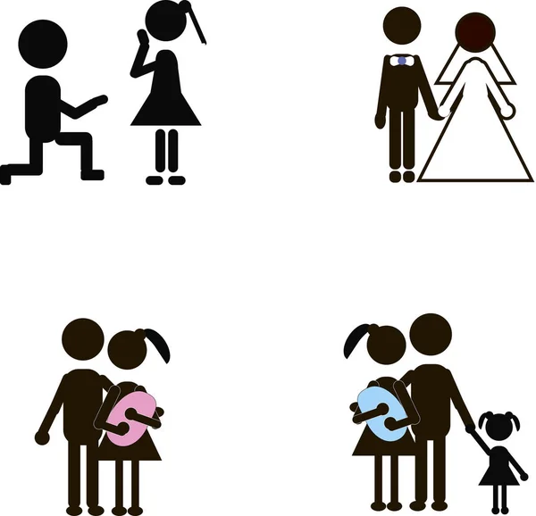 Black stick figures love story from one family vector illustration — Stock Vector