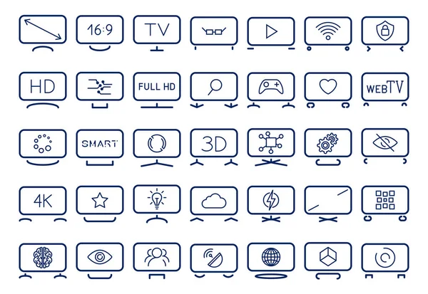 Conjunto de ícones de TV inteligente, design plano, ilustração vetorial. Ícones que retratam Smart TV com diferentes suportes e diferentes funções — Vetor de Stock