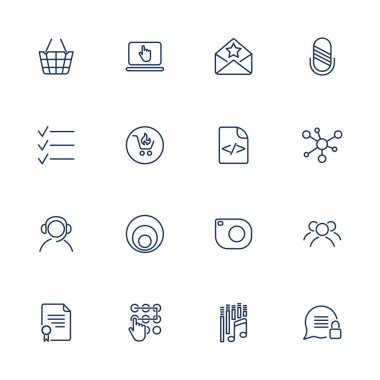 Yazılım, uygulama veya Web sitesi - sosyal medya ve teknoloji için 16 vektör simgeler kümesi. Düzenlenebilir kontur