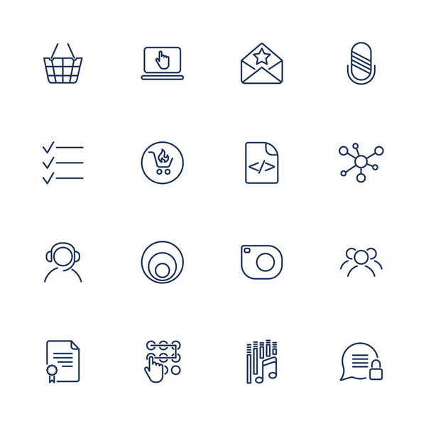 Набор 16 векторных значков для программного обеспечения, приложений или веб-сайтов - социальных сетей и технологий. Штрих к таблице
