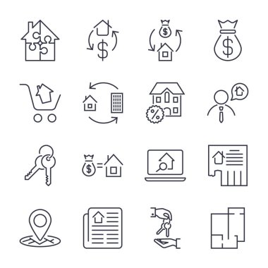 Gerçek arazi. Anahat vektör simgeler kümesi. Özellik, Bina, daire ve diğer gibi içerir. Düzenlenebilir inme. Simgeler app, siteleri ve programları için ayarlayın. Emlak, ev, ev, reklam, Ajan, Emlak