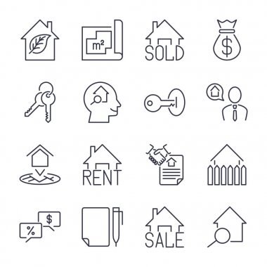 Emlak Emlakçi Icon set fırsatlar. Satılık ve Kiralık işaretlere. Eco house, anahtarlık, sözleşme ve daha fazlası. İnce siyah çizgi roman. Beyaz izole doğrusal tarzı resimler.