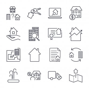 Eve, kira, Mortgage simgeleri ayarlayın. Emlak, ev, inşaat, Bina, sözleşme simgesi ve oturum kavramı vektör set infographics için Web sitesi. Düzenlenebilir darbesiyle ayarla simgesini