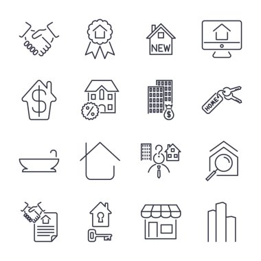 Emlak ince simgeler. El sıkışma, sözleşme, bilding, banyo, ev ve diğer. Düzenlenebilir darbesiyle ayarla simgesini