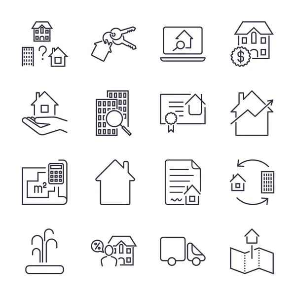 Inicio, Alquiler, Conjunto de iconos de hipoteca. Bienes raíces, edificio, casa, construcción, icono del contrato y el concepto de signo vector conjunto de infografías, sitio web. Conjunto de iconos con trazo editable — Archivo Imágenes Vectoriales