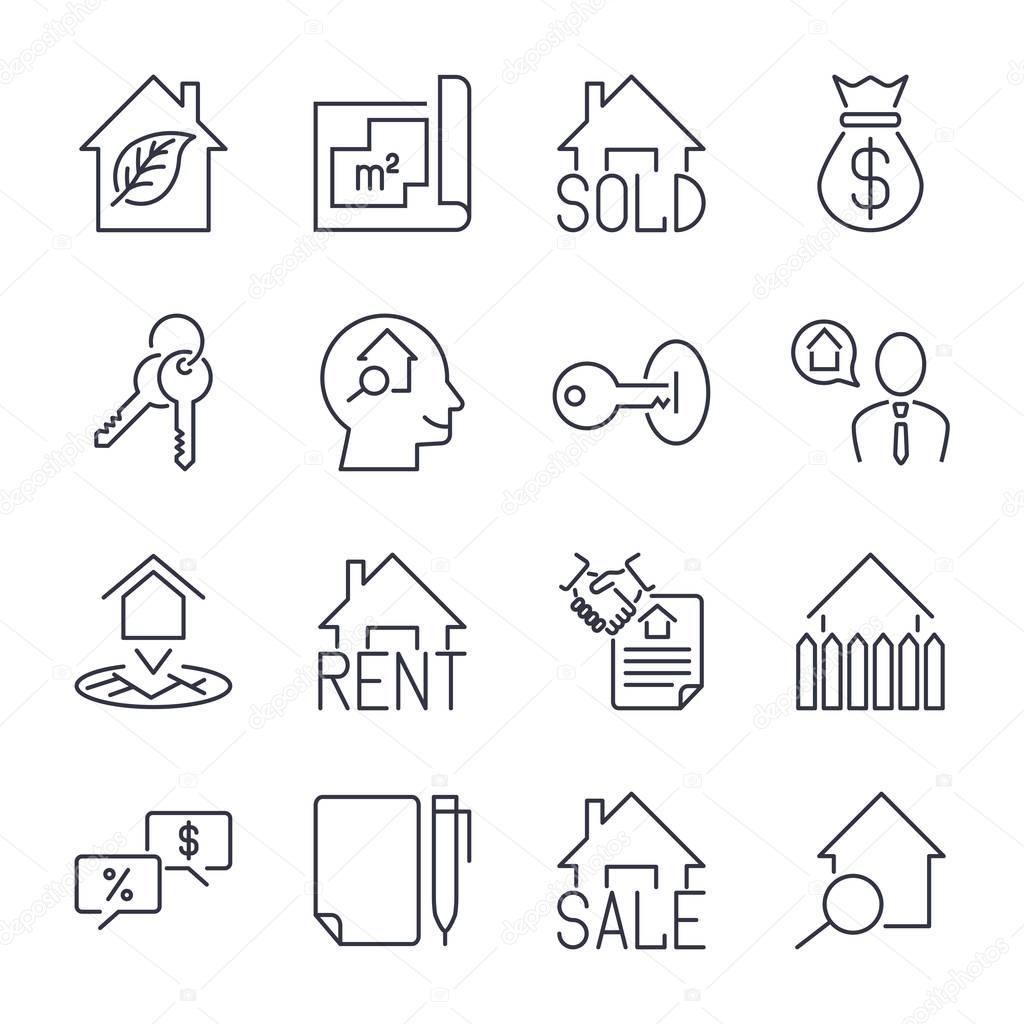 Real estate realtor deals icon set. For sale and rent signs. Eco house, keychain, contract and more. Thin black line art. Linear style illustrations isolated on white.