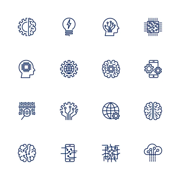 Conjunto de iconos vectoriales para concepto de inteligencia artificial. Varios símbolos para el tema IA usando diseño plano — Archivo Imágenes Vectoriales